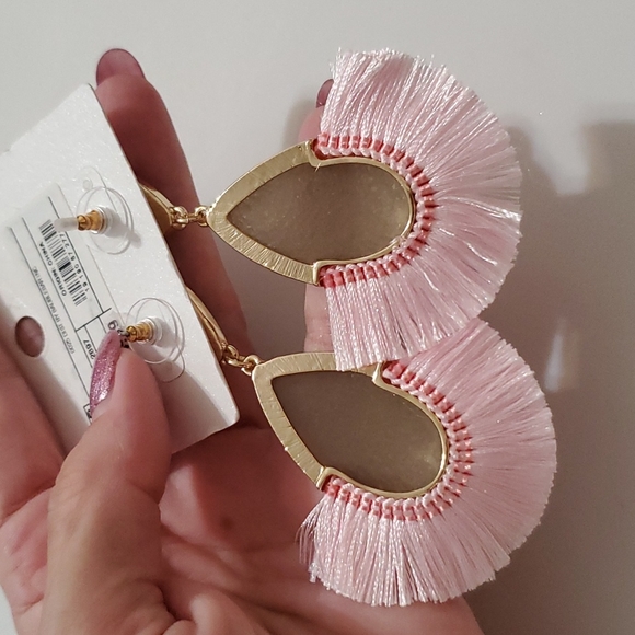 SUGARFIX  BaubleBar gray druzy teardrop pierced earrings with pink fringe - Picture 3 of 6